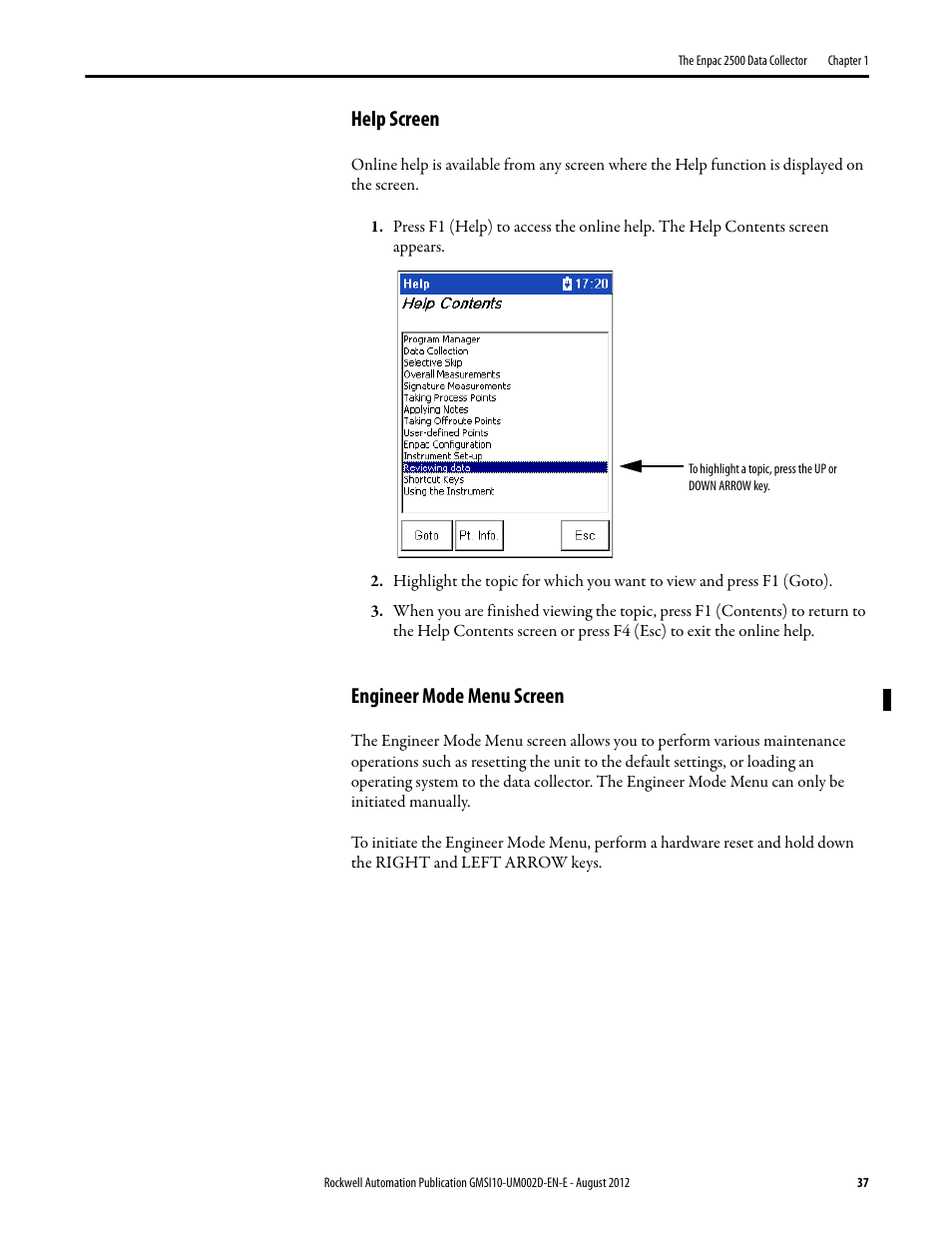 Help screen, Engineer mode menu screen, Help screen engineer mode menu screen | Rockwell Automation 1441-PEN25-Z Enpac 2500 Data Collector User Manual | Page 37 / 332