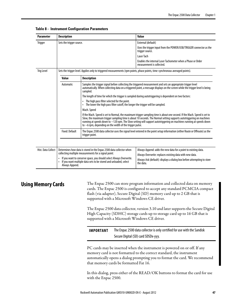 Using memory cards | Rockwell Automation 1441-PEN25-Z Enpac 2500 Data Collector User Manual | Page 47 / 332