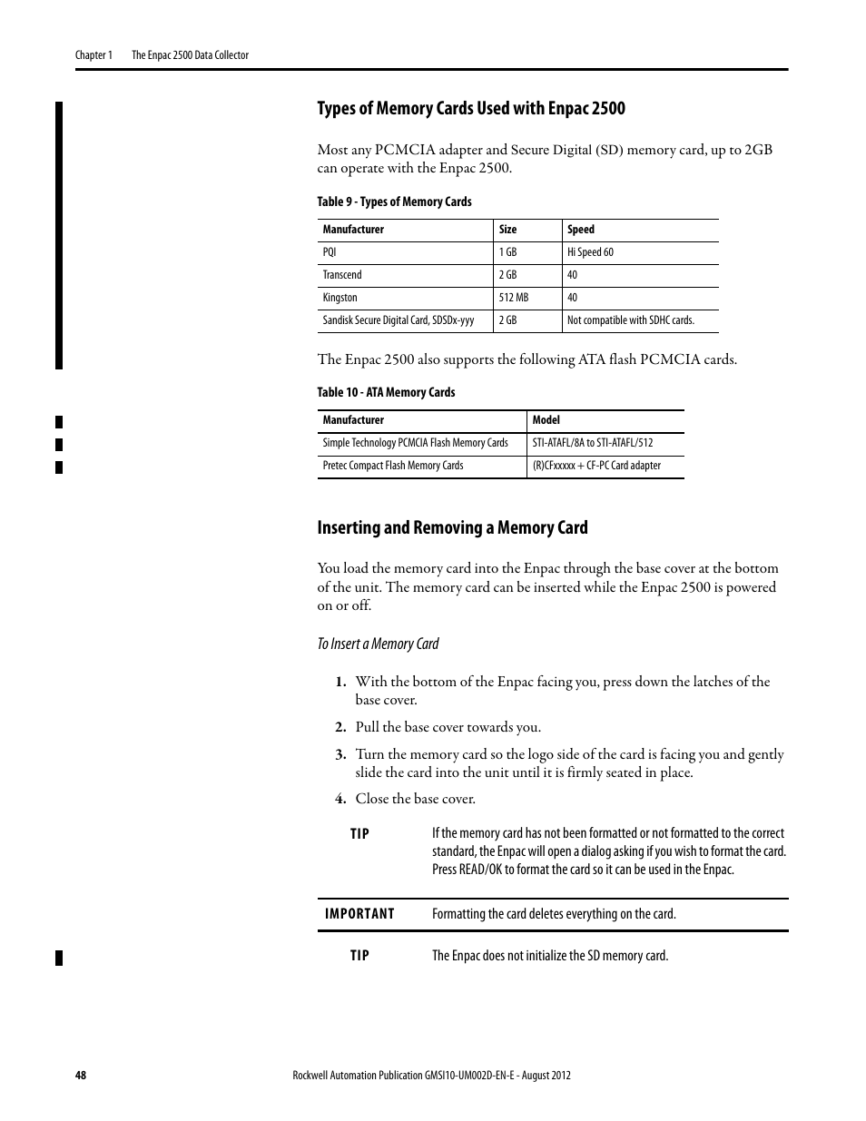 Types of memory cards used with enpac 2500, Inserting and removing a memory card | Rockwell Automation 1441-PEN25-Z Enpac 2500 Data Collector User Manual | Page 48 / 332