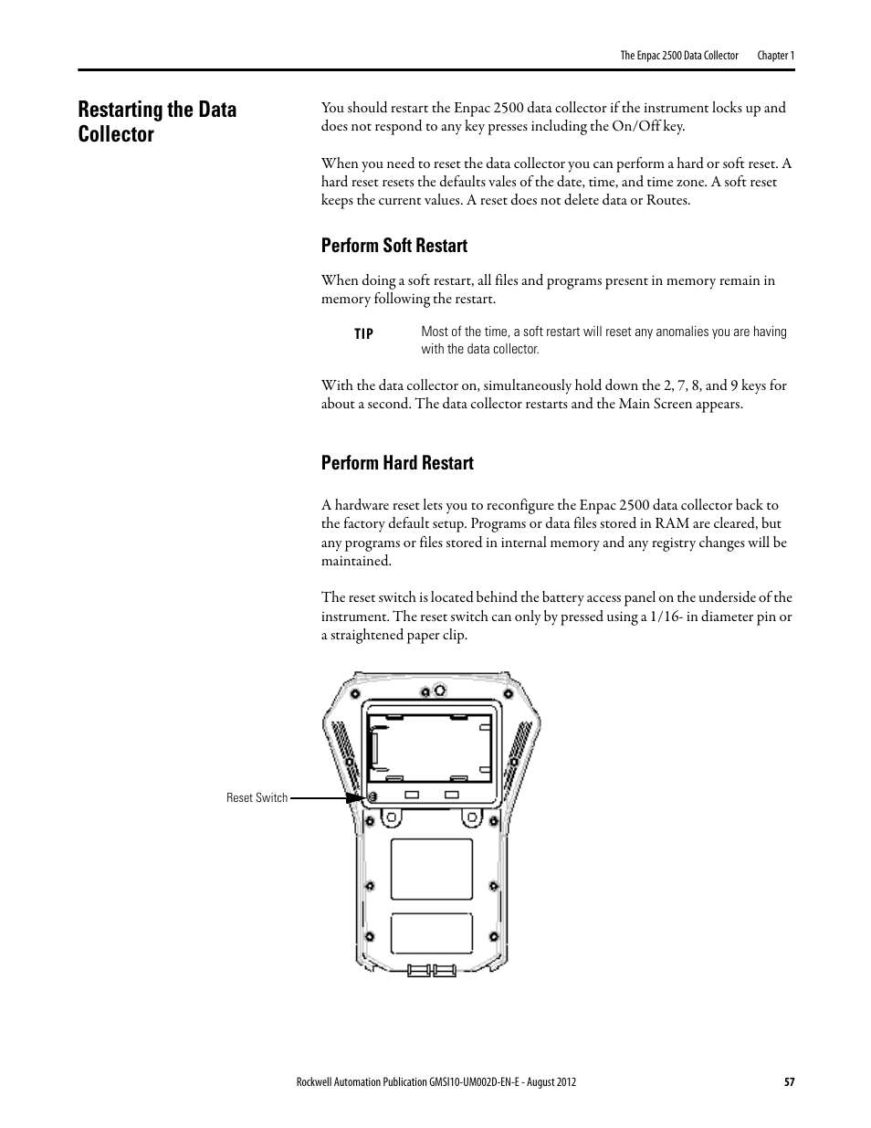 Restarting the data collector, Perform soft restart, Perform hard restart | Rockwell Automation 1441-PEN25-Z Enpac 2500 Data Collector User Manual | Page 57 / 332