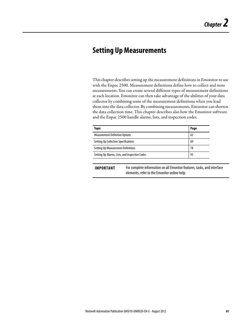 Setting up measurements, Chapter 2, Chapter | Rockwell Automation 1441-PEN25-Z Enpac 2500 Data Collector User Manual | Page 61 / 332