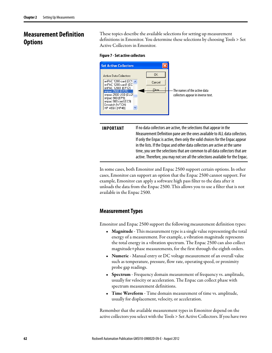 Measurement definition options, Measurement types | Rockwell Automation 1441-PEN25-Z Enpac 2500 Data Collector User Manual | Page 62 / 332
