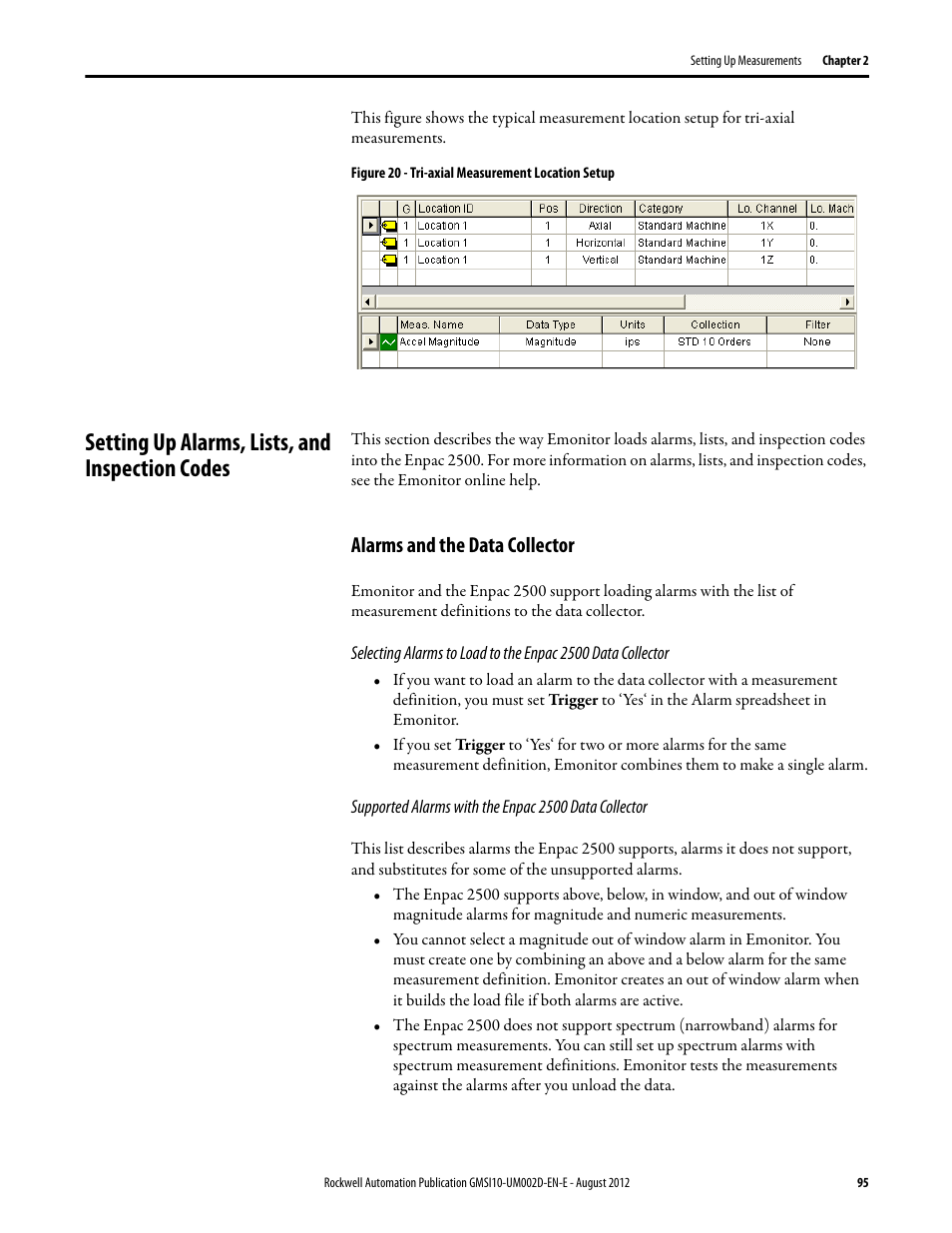Setting up alarms, lists, and inspection codes, Alarms and the data collector | Rockwell Automation 1441-PEN25-Z Enpac 2500 Data Collector User Manual | Page 95 / 332