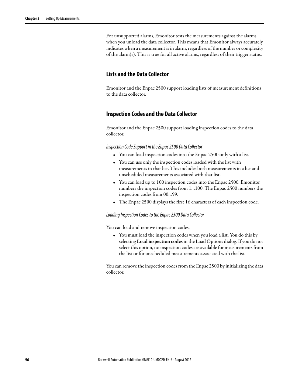 Lists and the data collector, Inspection codes and the data collector | Rockwell Automation 1441-PEN25-Z Enpac 2500 Data Collector User Manual | Page 96 / 332