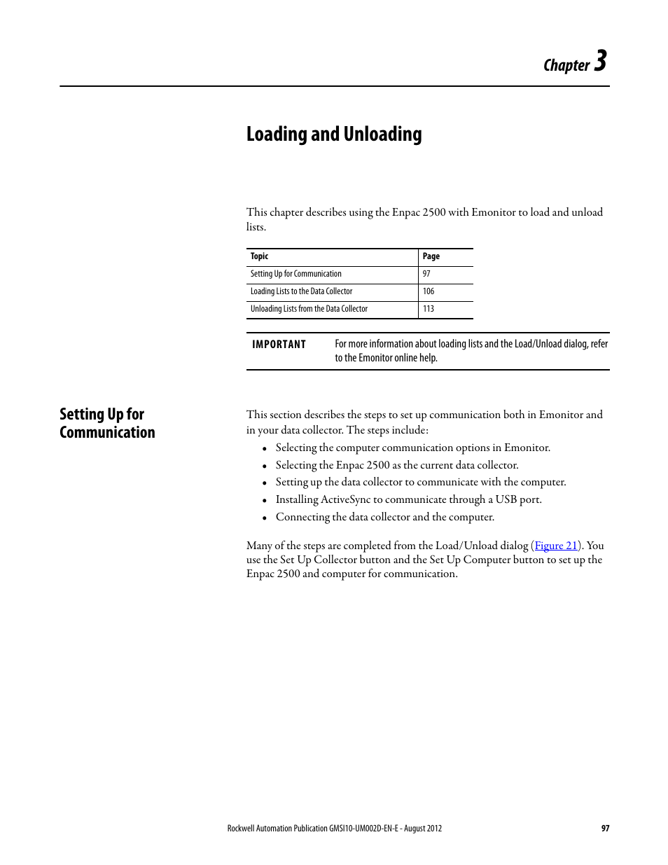 Loading and unloading, Setting up for communication, Chapter 3 | Chapter | Rockwell Automation 1441-PEN25-Z Enpac 2500 Data Collector User Manual | Page 97 / 332
