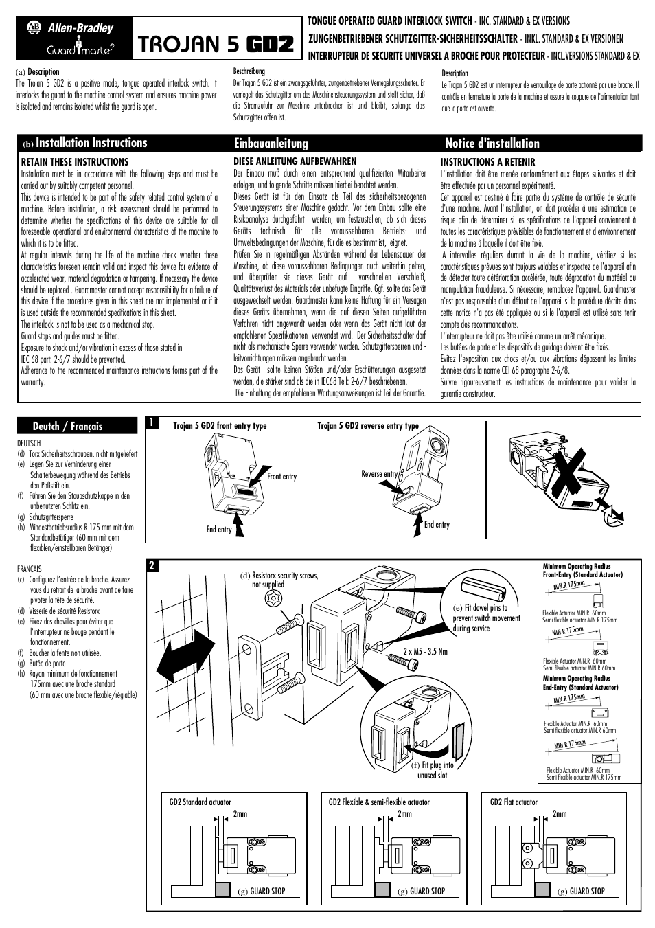 Rockwell Automation TROJAN 5 GD2 Tongue Operated Guard Interlock Switch User Manual | 4 pages