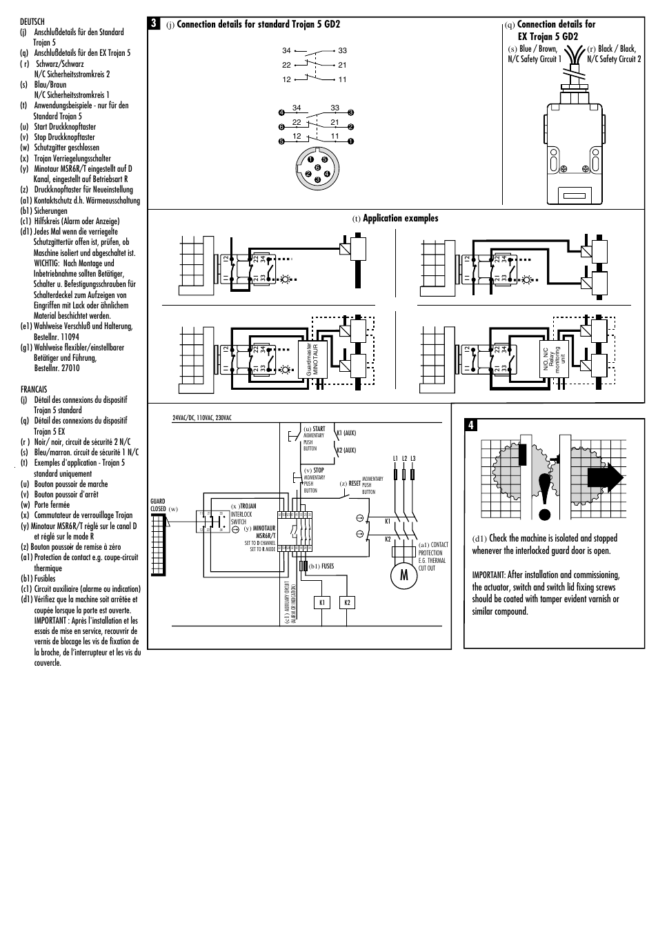 Connection details for standard trojan 5 gd2, Connection details for ex trojan 5 gd2, Application examples | Rockwell Automation TROJAN 5 GD2 Tongue Operated Guard Interlock Switch User Manual | Page 2 / 4