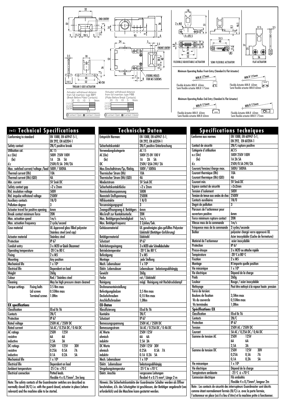 Technical specifications, Specifications techniques, Technische daten | Rockwell Automation TROJAN 5 GD2 Tongue Operated Guard Interlock Switch User Manual | Page 3 / 4