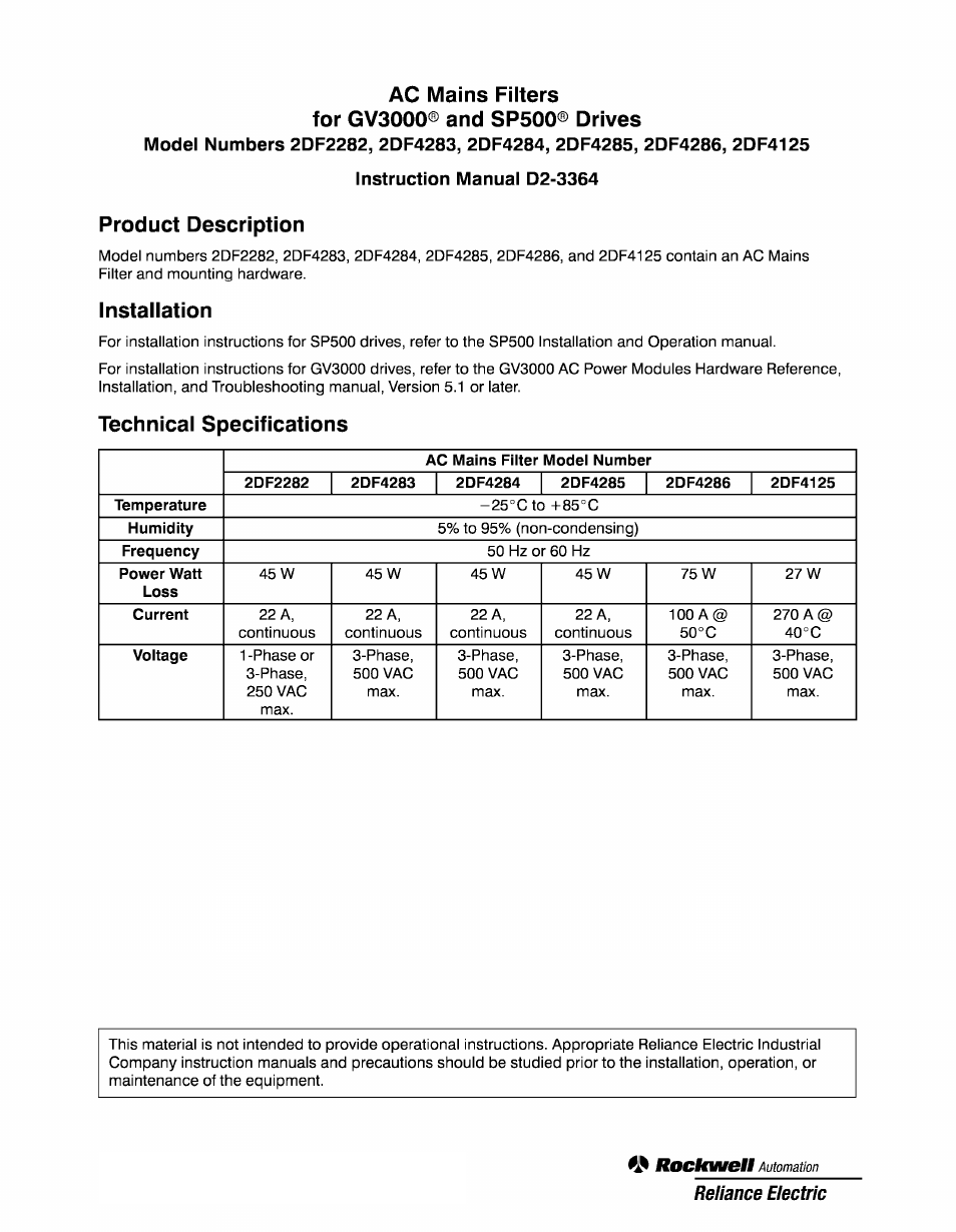 Rockwell Automation SP500  AC Mains Filters  User Manual | 2 pages