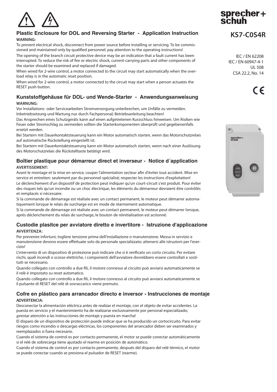 Rockwell Automation KS7-C0S4R Sprecher+Schuh KS7 Plastic Encl. for DOL and Reversing Starter User Manual | 4 pages