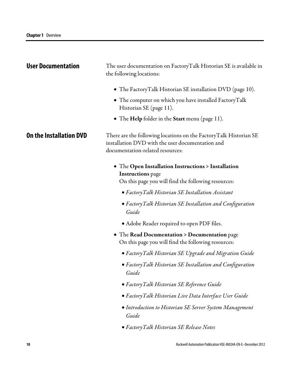 User documentation, On the installation dvd, User documentation on the installation dvd | Rockwell Automation FactoryTalk Historian SE 3.01 Installation and Configuration Guide User Manual | Page 10 / 146