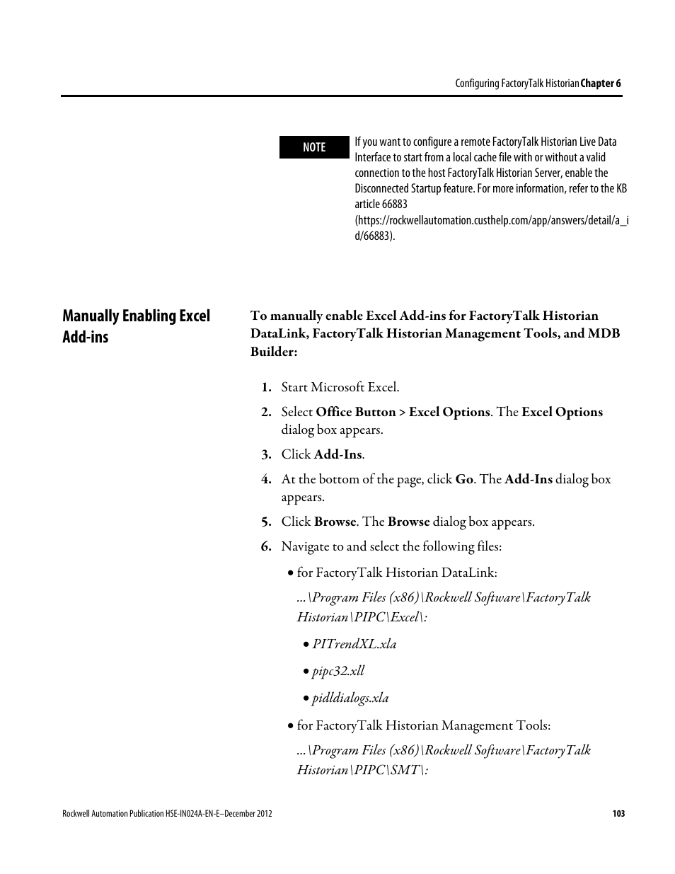 Manually enabling excel add-ins | Rockwell Automation FactoryTalk Historian SE 3.01 Installation and Configuration Guide User Manual | Page 103 / 146