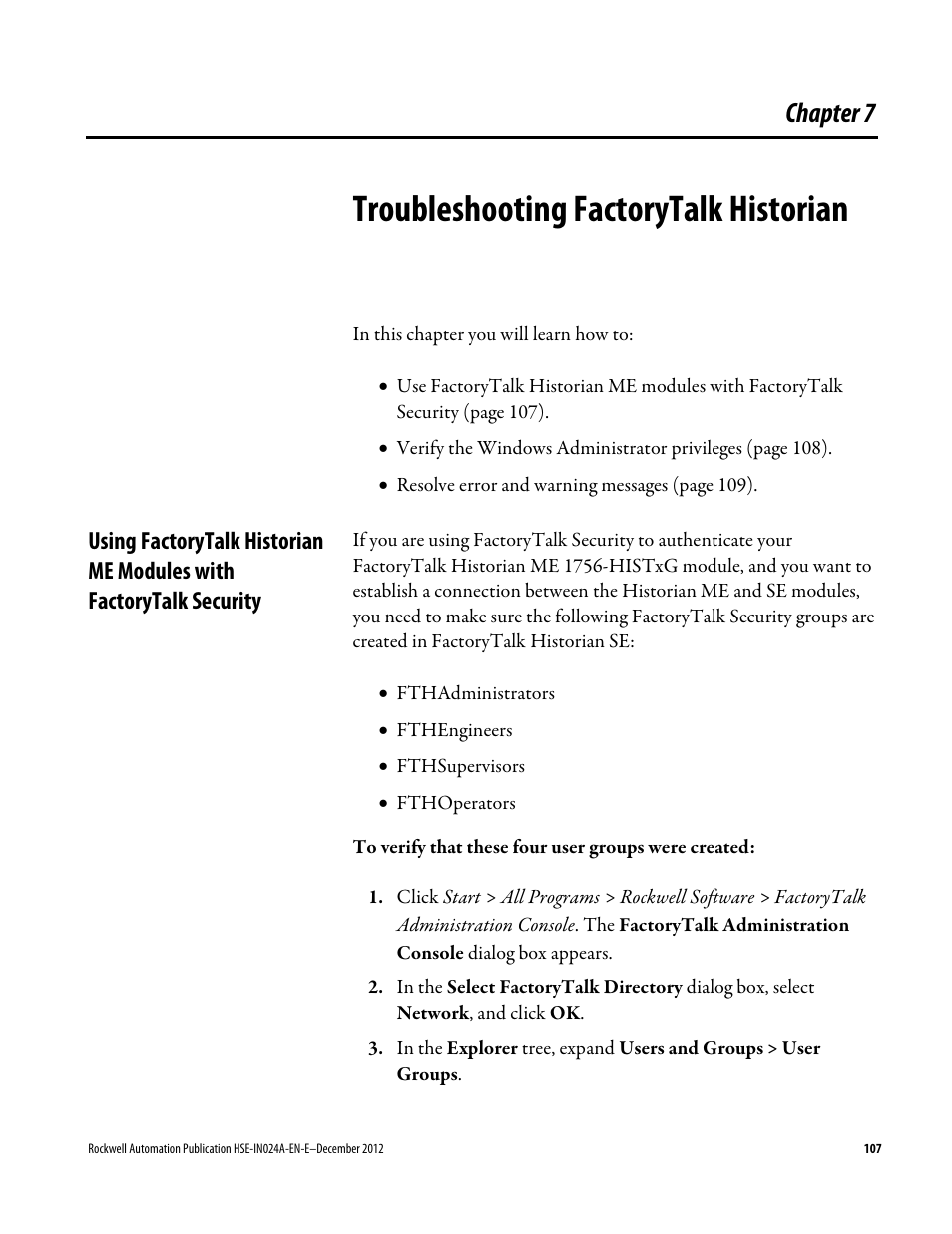 Troubleshooting factorytalk historian, Chapter 7, Security | Troubleshooting factorytalk, Historian | Rockwell Automation FactoryTalk Historian SE 3.01 Installation and Configuration Guide User Manual | Page 107 / 146