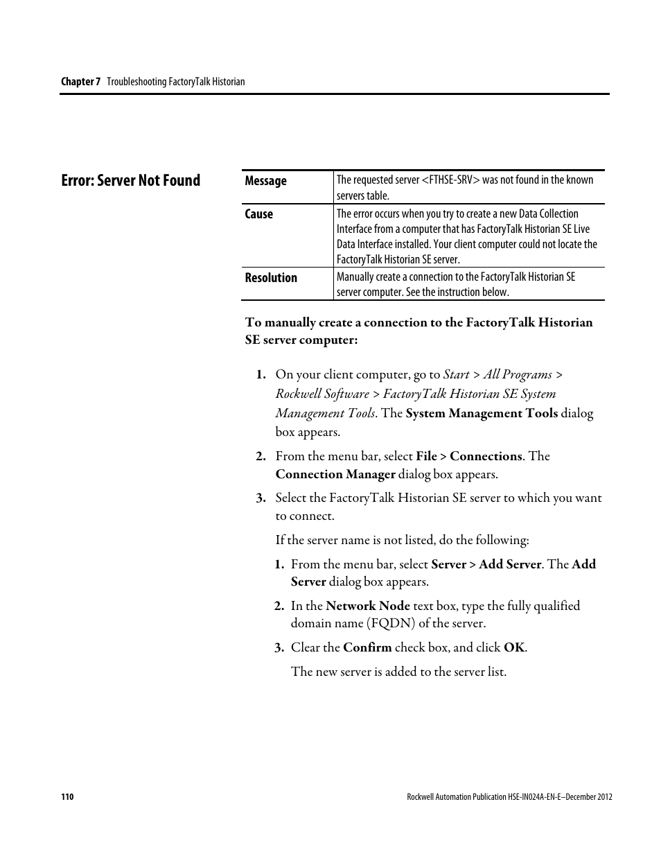 Error: server not found | Rockwell Automation FactoryTalk Historian SE 3.01 Installation and Configuration Guide User Manual | Page 110 / 146