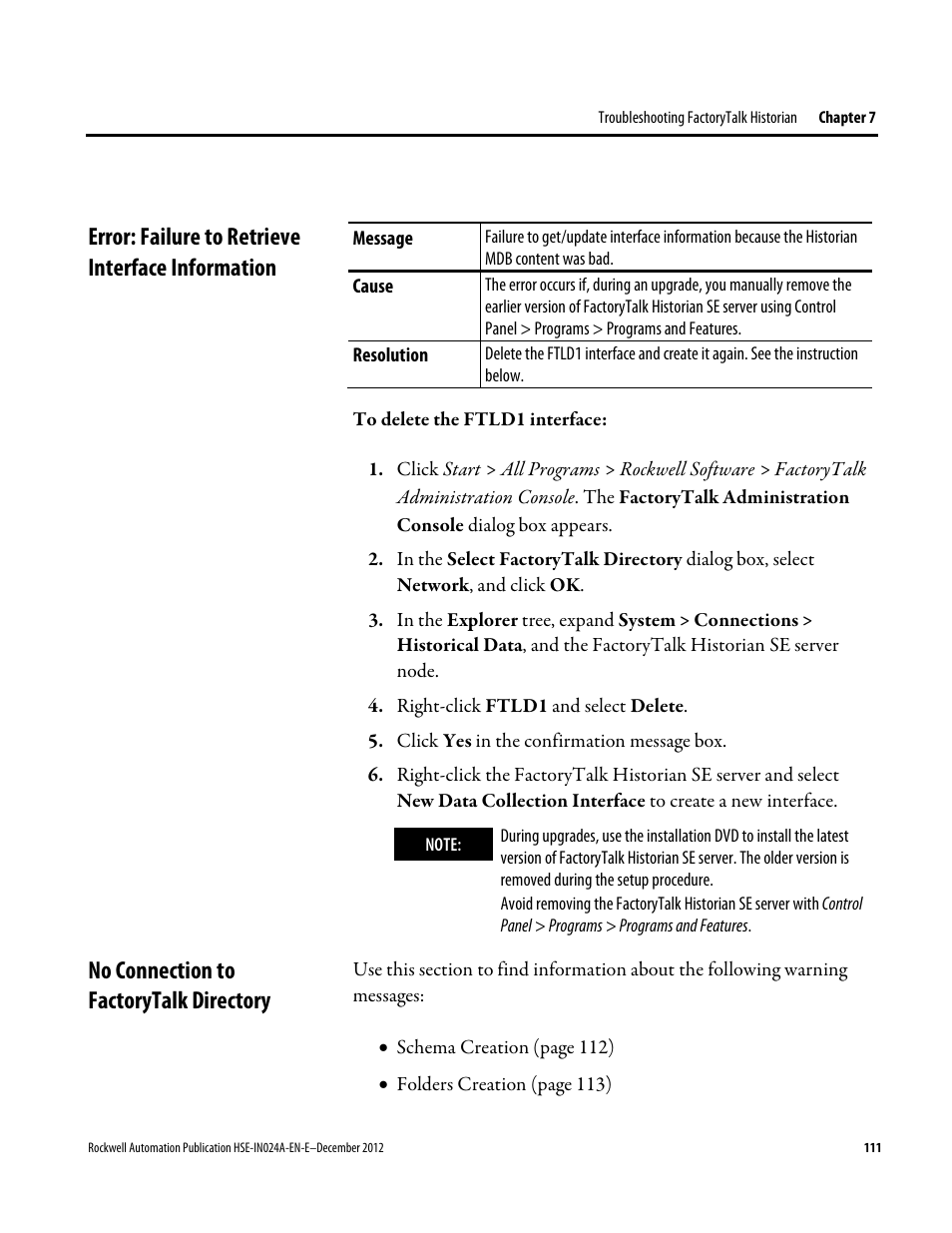 Error: failure to retrieve interface information, No connection to factorytalk directory | Rockwell Automation FactoryTalk Historian SE 3.01 Installation and Configuration Guide User Manual | Page 111 / 146