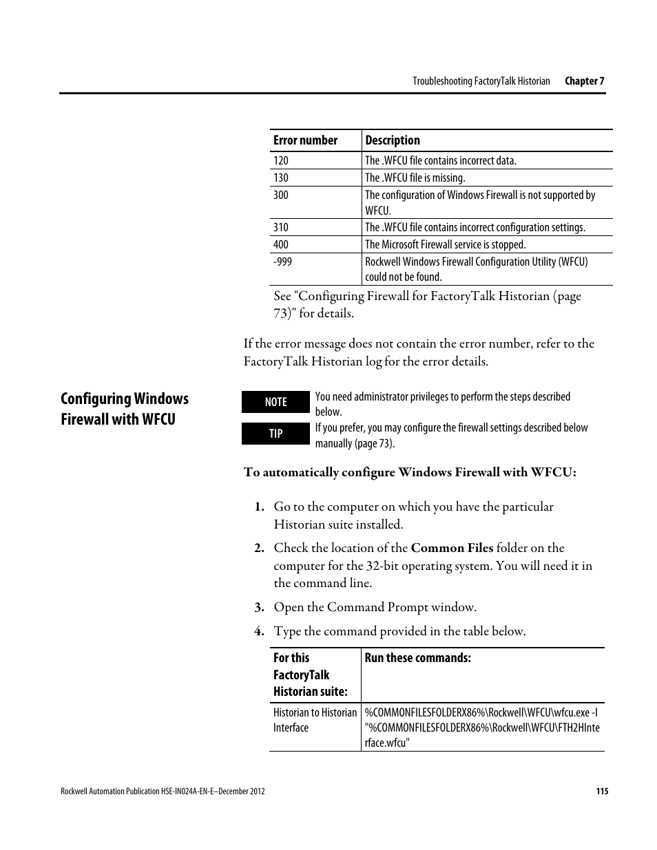 Configuring windows firewall with wfcu | Rockwell Automation FactoryTalk Historian SE 3.01 Installation and Configuration Guide User Manual | Page 115 / 146