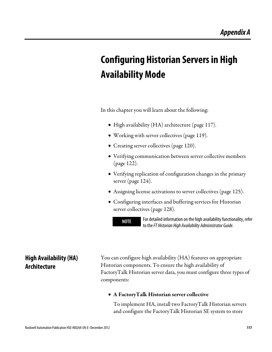 High availability (ha) architecture, Appendix a, Configuring historian servers in | High availability mode | Rockwell Automation FactoryTalk Historian SE 3.01 Installation and Configuration Guide User Manual | Page 117 / 146