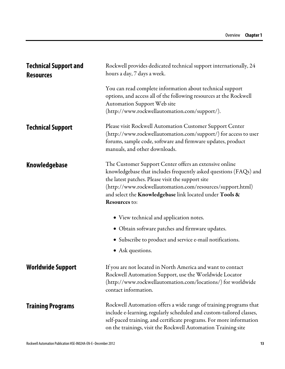 Technical support and resources, Technical support, Knowledgebase | Worldwide support, Training programs | Rockwell Automation FactoryTalk Historian SE 3.01 Installation and Configuration Guide User Manual | Page 13 / 146
