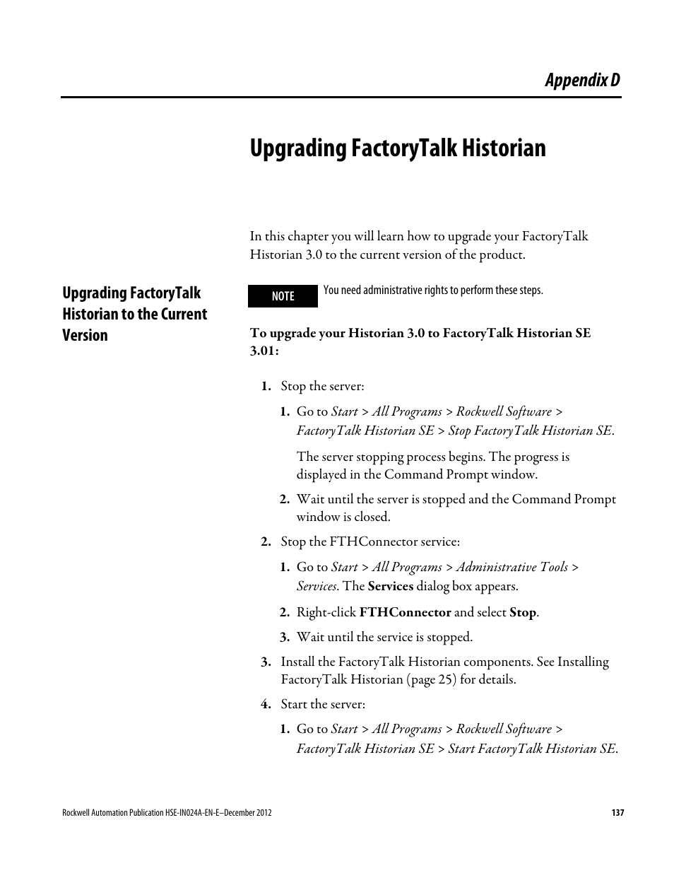 Upgrading factorytalk historian, Appendix d, Upgrading factorytalk | Historian | Rockwell Automation FactoryTalk Historian SE 3.01 Installation and Configuration Guide User Manual | Page 137 / 146