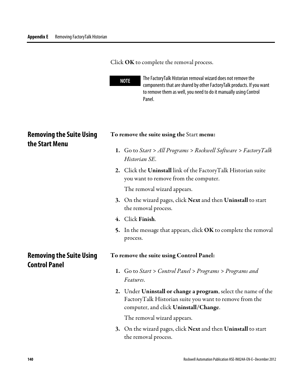 Removing the suite using the start menu, Removing the suite using control panel | Rockwell Automation FactoryTalk Historian SE 3.01 Installation and Configuration Guide User Manual | Page 140 / 146