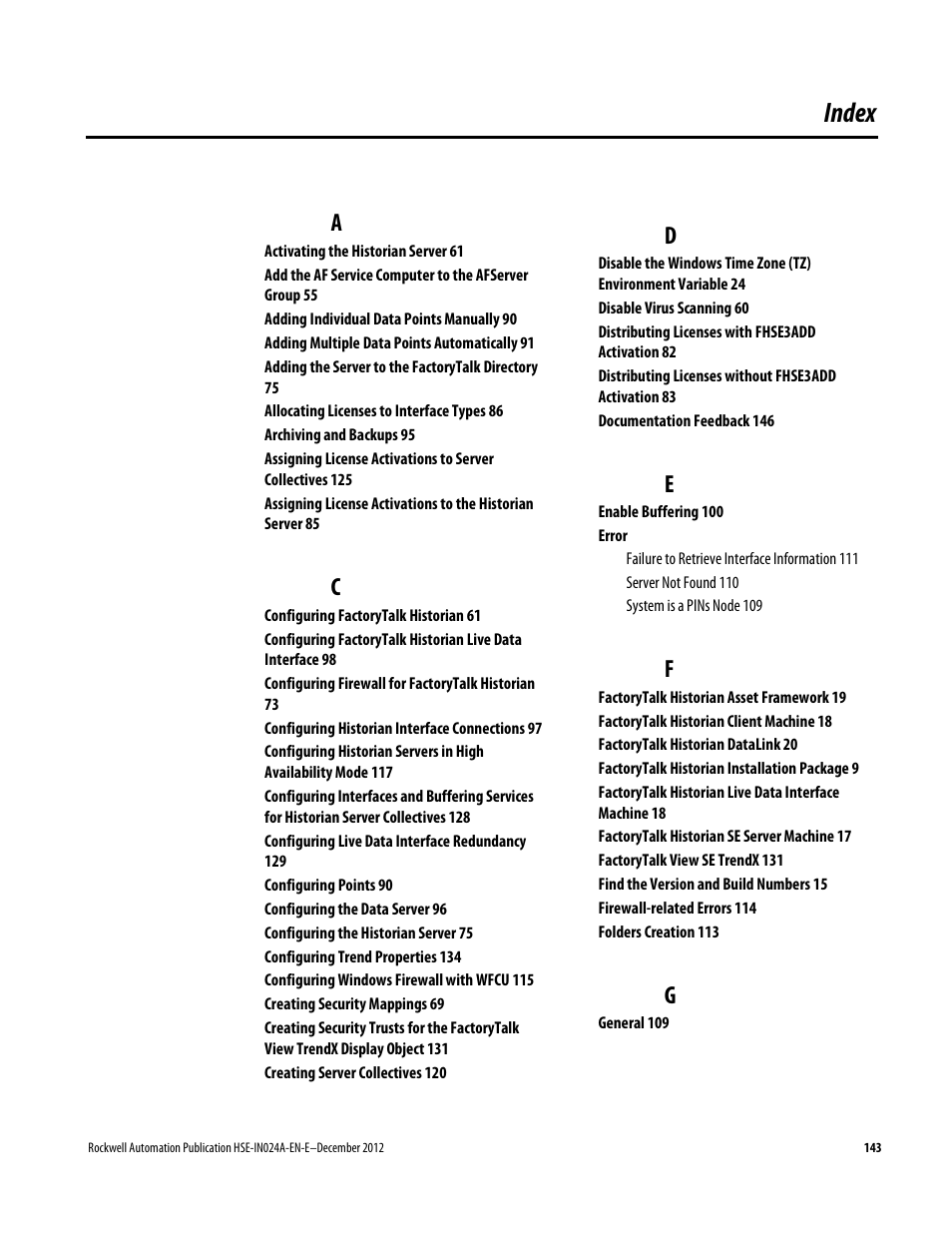 Index | Rockwell Automation FactoryTalk Historian SE 3.01 Installation and Configuration Guide User Manual | Page 143 / 146