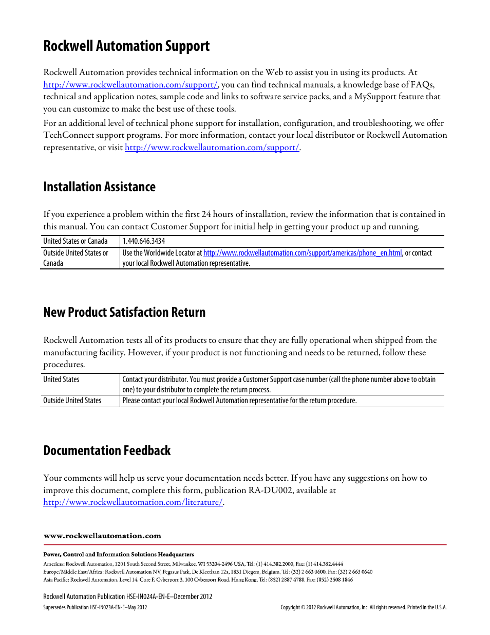 Rockwell automation support, Installation assistance, New product satisfaction return | Documentation feedback | Rockwell Automation FactoryTalk Historian SE 3.01 Installation and Configuration Guide User Manual | Page 146 / 146