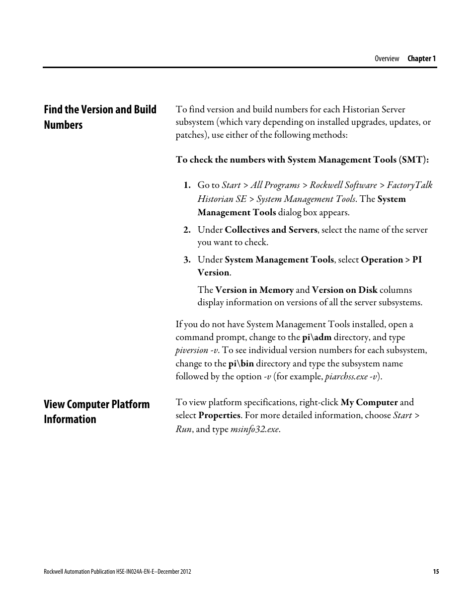 Find the version and build numbers, View computer platform information | Rockwell Automation FactoryTalk Historian SE 3.01 Installation and Configuration Guide User Manual | Page 15 / 146