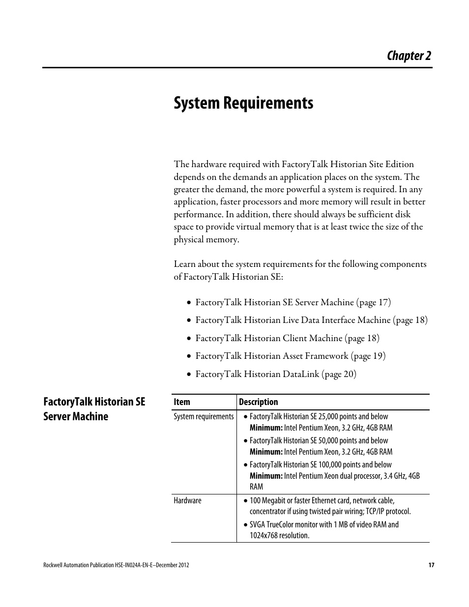 System requirements, Factorytalk historian se server machine, Chapter 2 | Rockwell Automation FactoryTalk Historian SE 3.01 Installation and Configuration Guide User Manual | Page 17 / 146