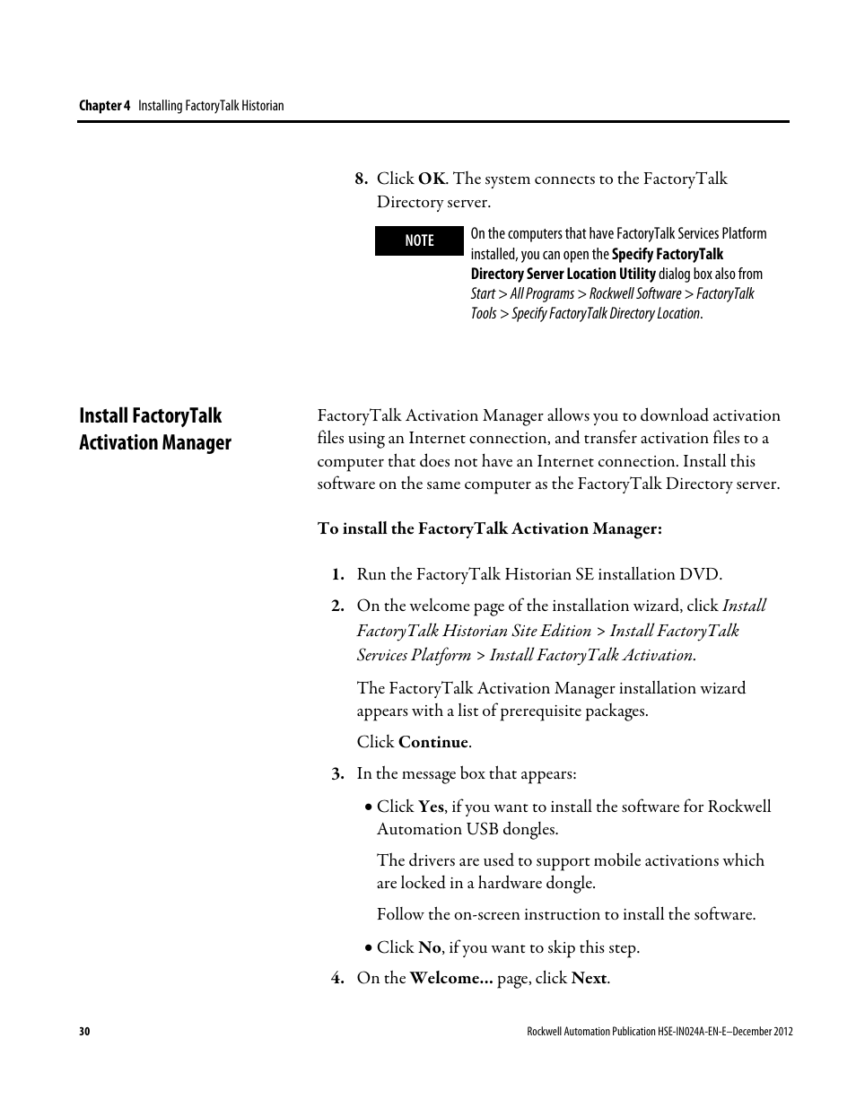 Install factorytalk activation manager | Rockwell Automation FactoryTalk Historian SE 3.01 Installation and Configuration Guide User Manual | Page 30 / 146