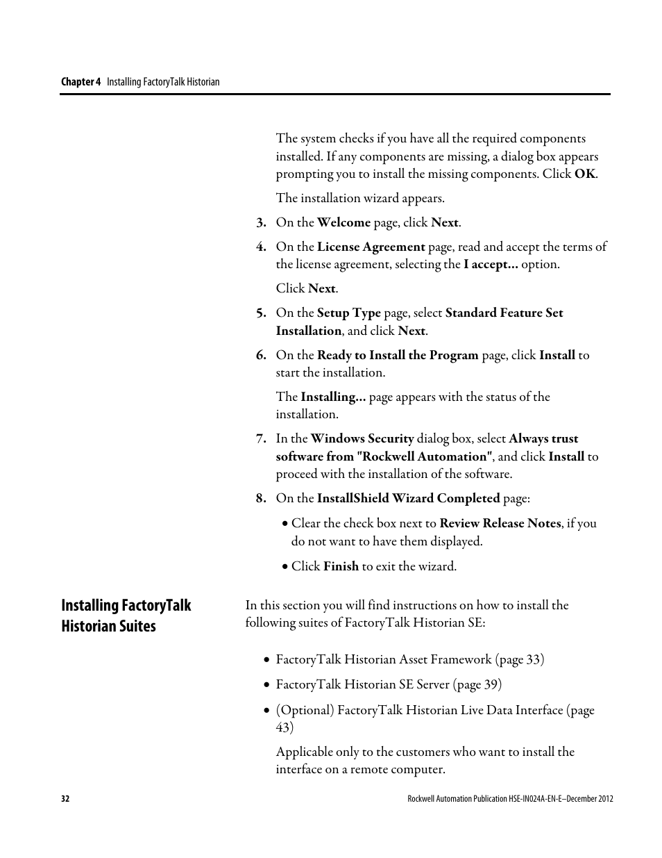 Installing factorytalk historian suites | Rockwell Automation FactoryTalk Historian SE 3.01 Installation and Configuration Guide User Manual | Page 32 / 146