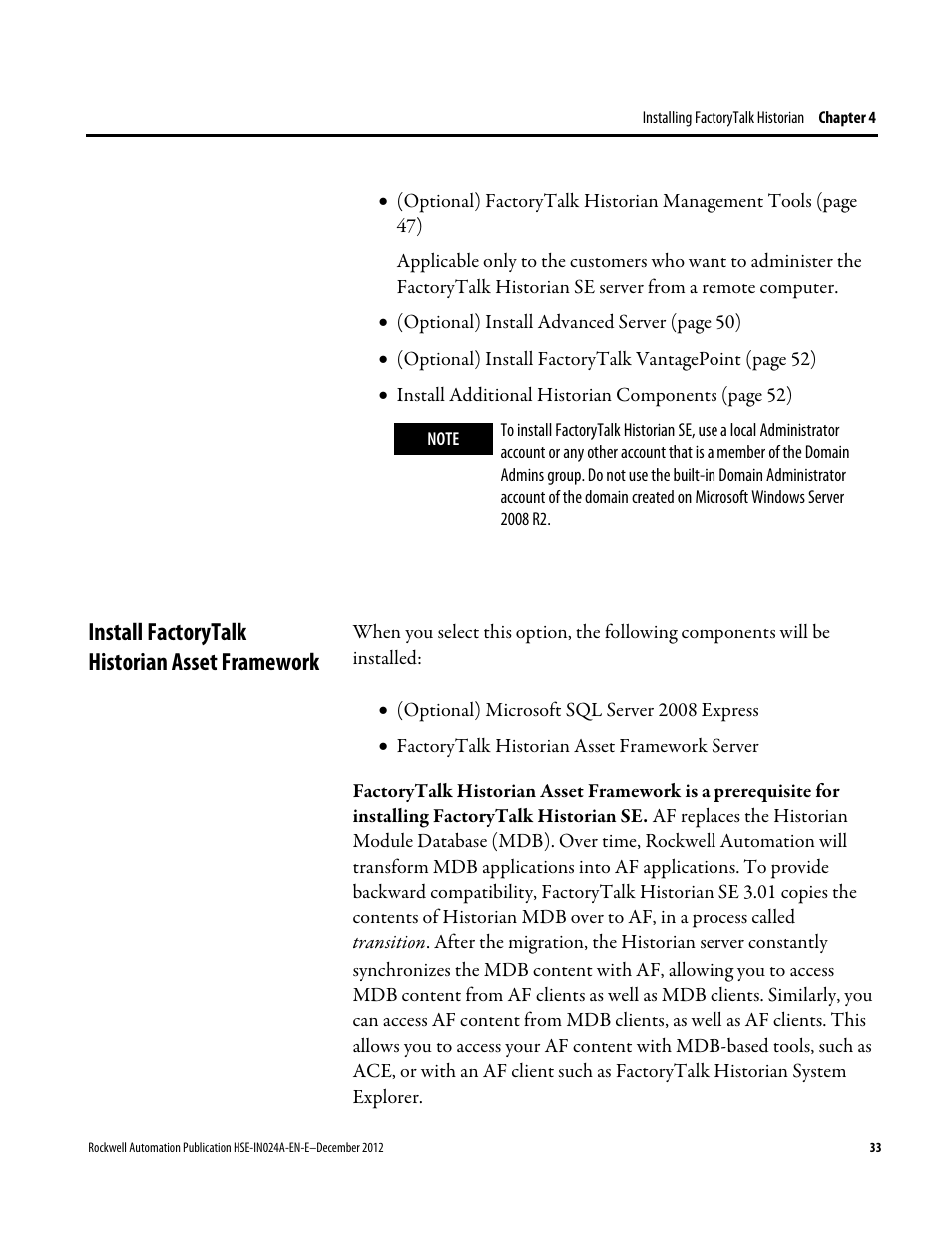 Install factorytalk historian asset framework | Rockwell Automation FactoryTalk Historian SE 3.01 Installation and Configuration Guide User Manual | Page 33 / 146