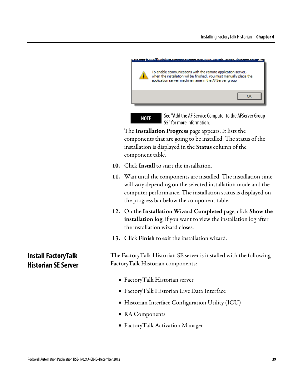 Install factorytalk historian se server | Rockwell Automation FactoryTalk Historian SE 3.01 Installation and Configuration Guide User Manual | Page 39 / 146