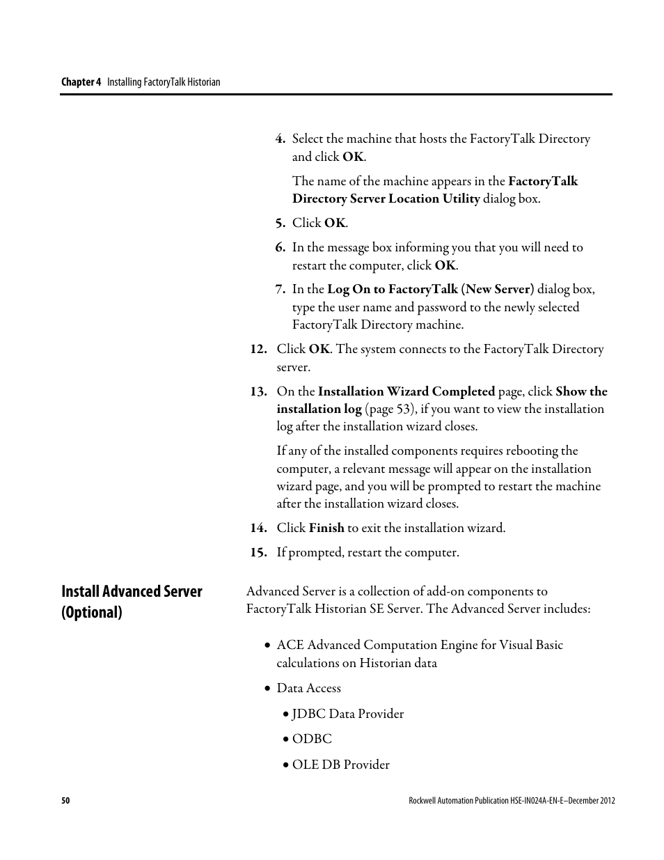 Install advanced server (optional) | Rockwell Automation FactoryTalk Historian SE 3.01 Installation and Configuration Guide User Manual | Page 50 / 146