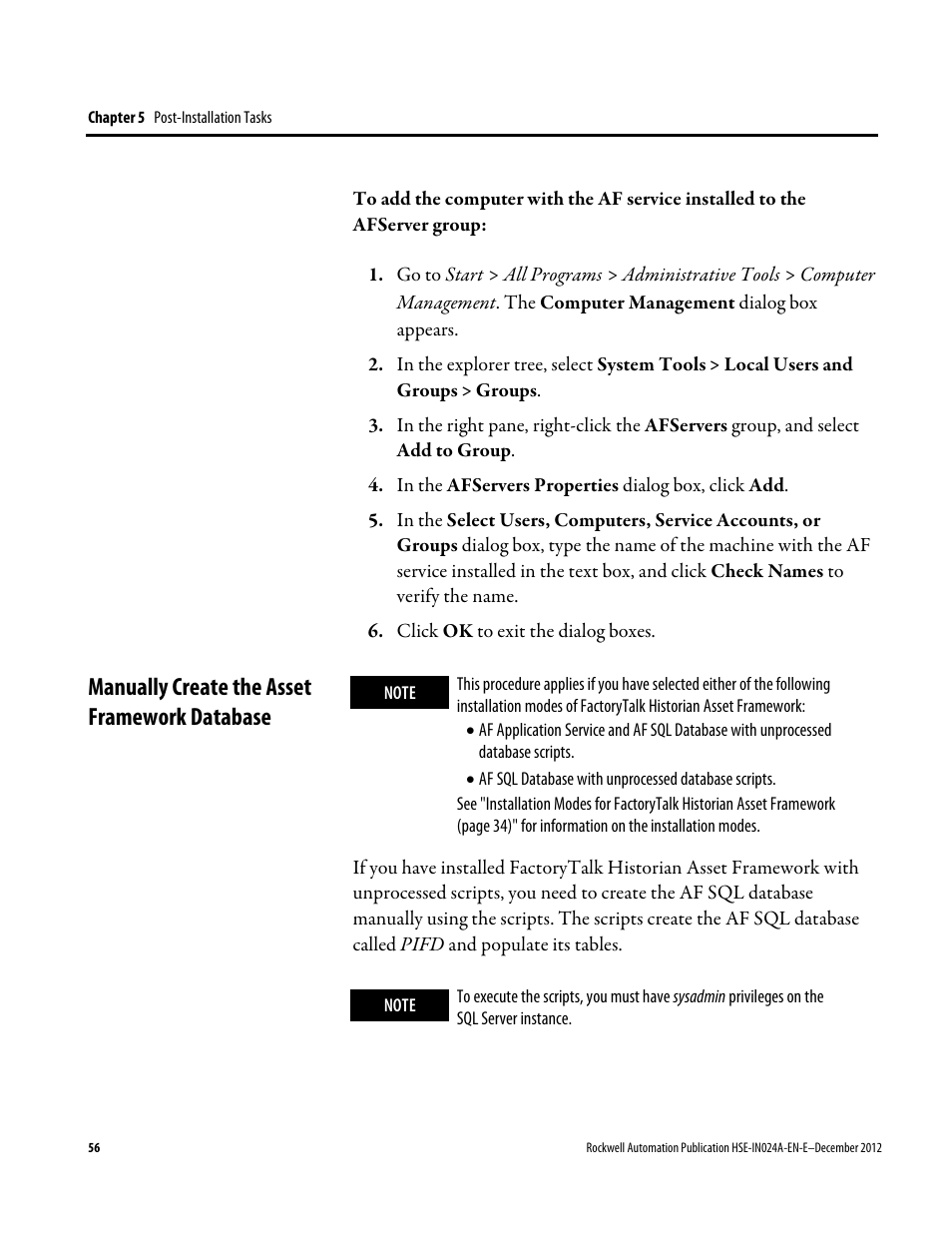 Manually create the asset framework database | Rockwell Automation FactoryTalk Historian SE 3.01 Installation and Configuration Guide User Manual | Page 56 / 146