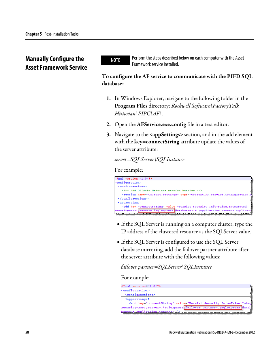 Manually configure the asset framework service | Rockwell Automation FactoryTalk Historian SE 3.01 Installation and Configuration Guide User Manual | Page 58 / 146