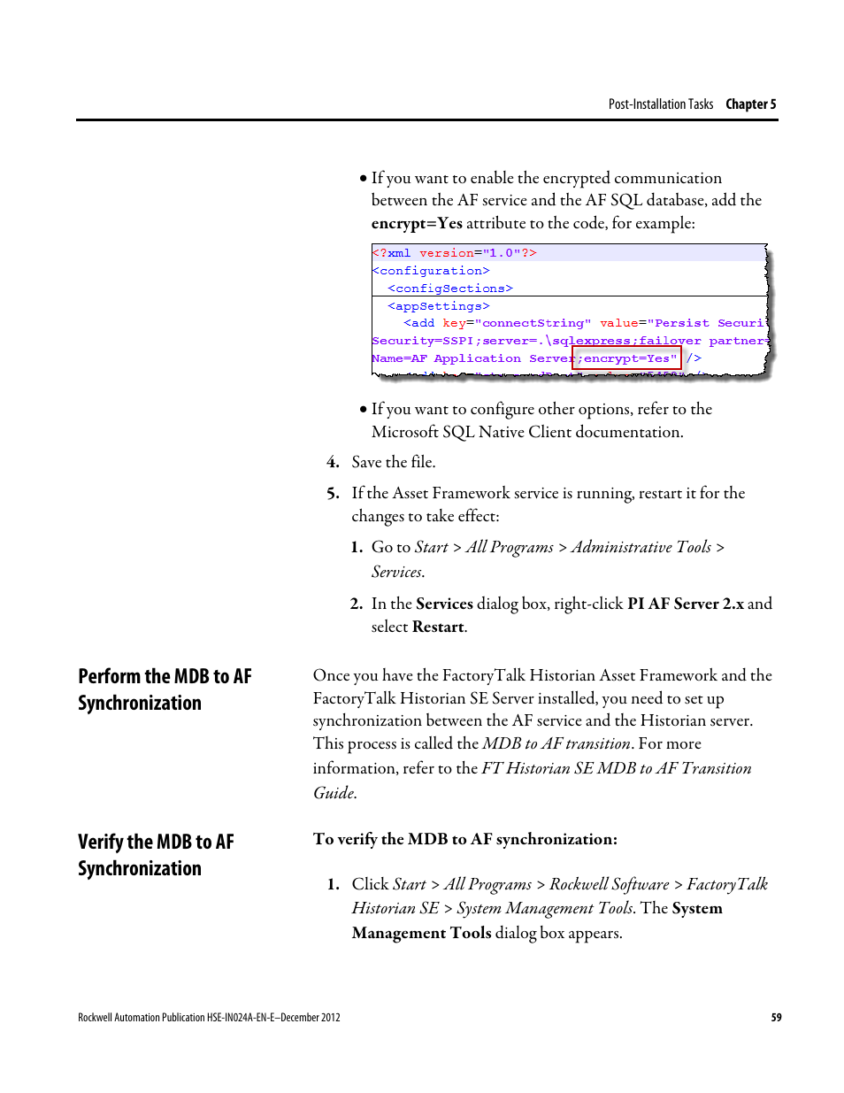 Perform the mdb to af synchronization, Verify the mdb to af synchronization, E 59) | Rockwell Automation FactoryTalk Historian SE 3.01 Installation and Configuration Guide User Manual | Page 59 / 146