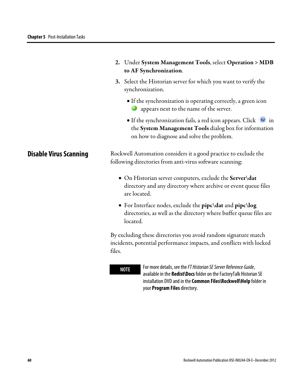 Disable virus scanning | Rockwell Automation FactoryTalk Historian SE 3.01 Installation and Configuration Guide User Manual | Page 60 / 146