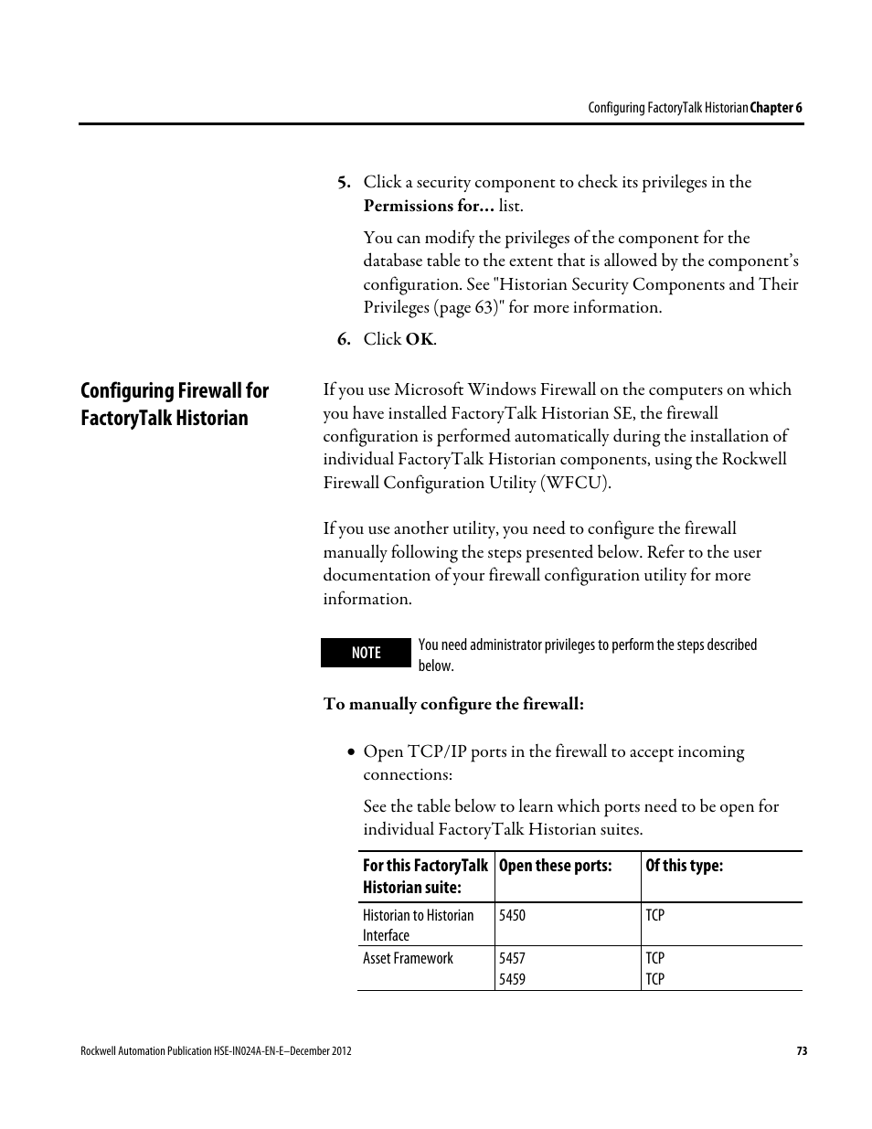 Configuring firewall for factorytalk historian | Rockwell Automation FactoryTalk Historian SE 3.01 Installation and Configuration Guide User Manual | Page 73 / 146