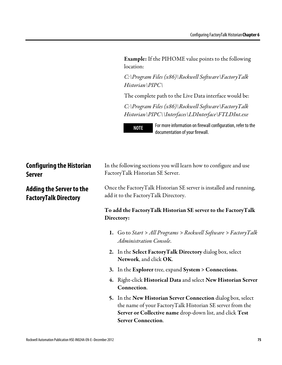 Configuring the historian server, Adding the server to the factorytalk directory | Rockwell Automation FactoryTalk Historian SE 3.01 Installation and Configuration Guide User Manual | Page 75 / 146