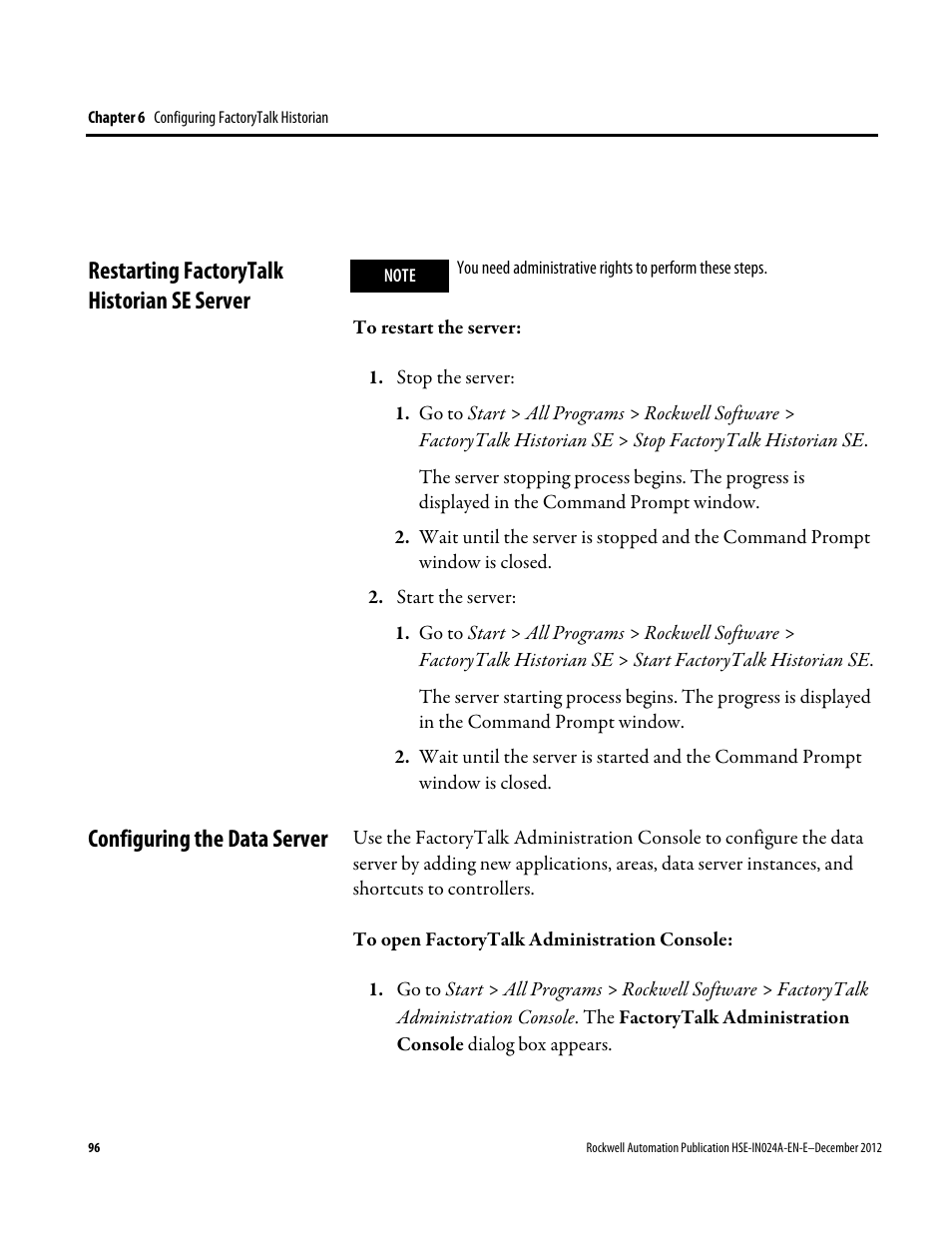 Restarting factorytalk historian se server, Configuring the data server | Rockwell Automation FactoryTalk Historian SE 3.01 Installation and Configuration Guide User Manual | Page 96 / 146