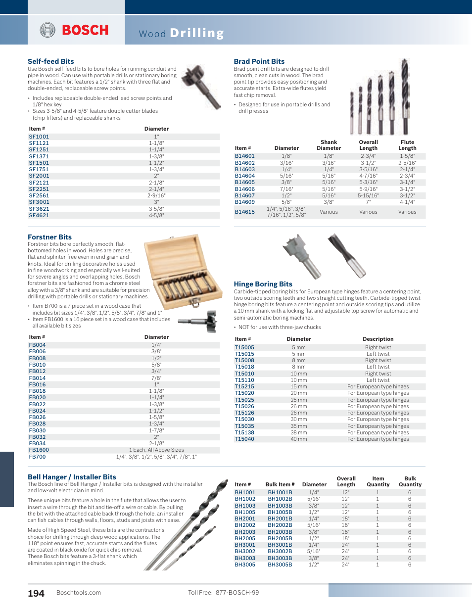 Drilling, Wood, Self-feed bits | Brad point bits, Forstner bits, Hinge boring bits, Bell hanger / installer bits | Bosch SG45M User Manual | Page 10 / 32