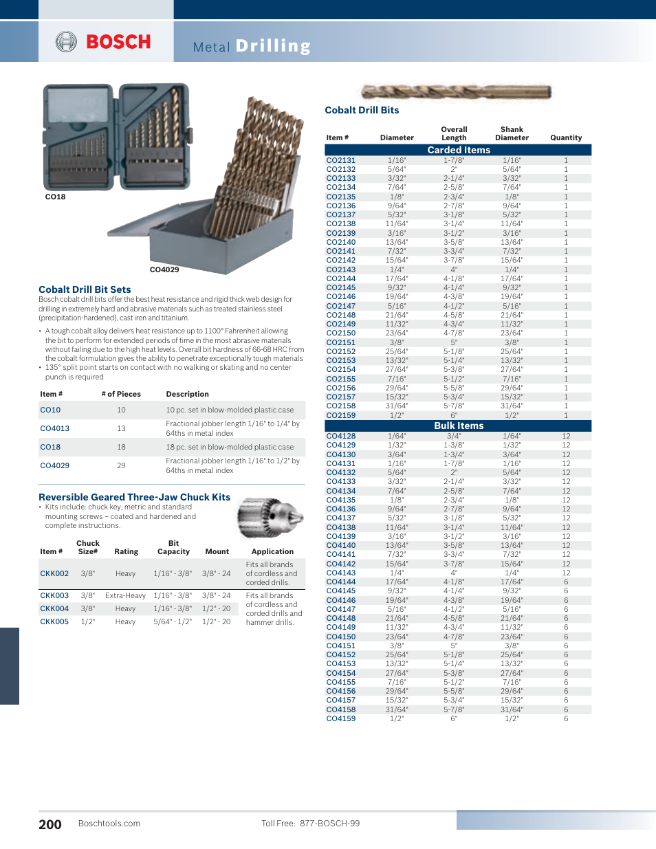 Drilling, Metal, Carded items | Bulk items, Cobalt drill bits cobalt drill bit sets, Reversible geared three-jaw chuck kits | Bosch SG45M User Manual | Page 16 / 32