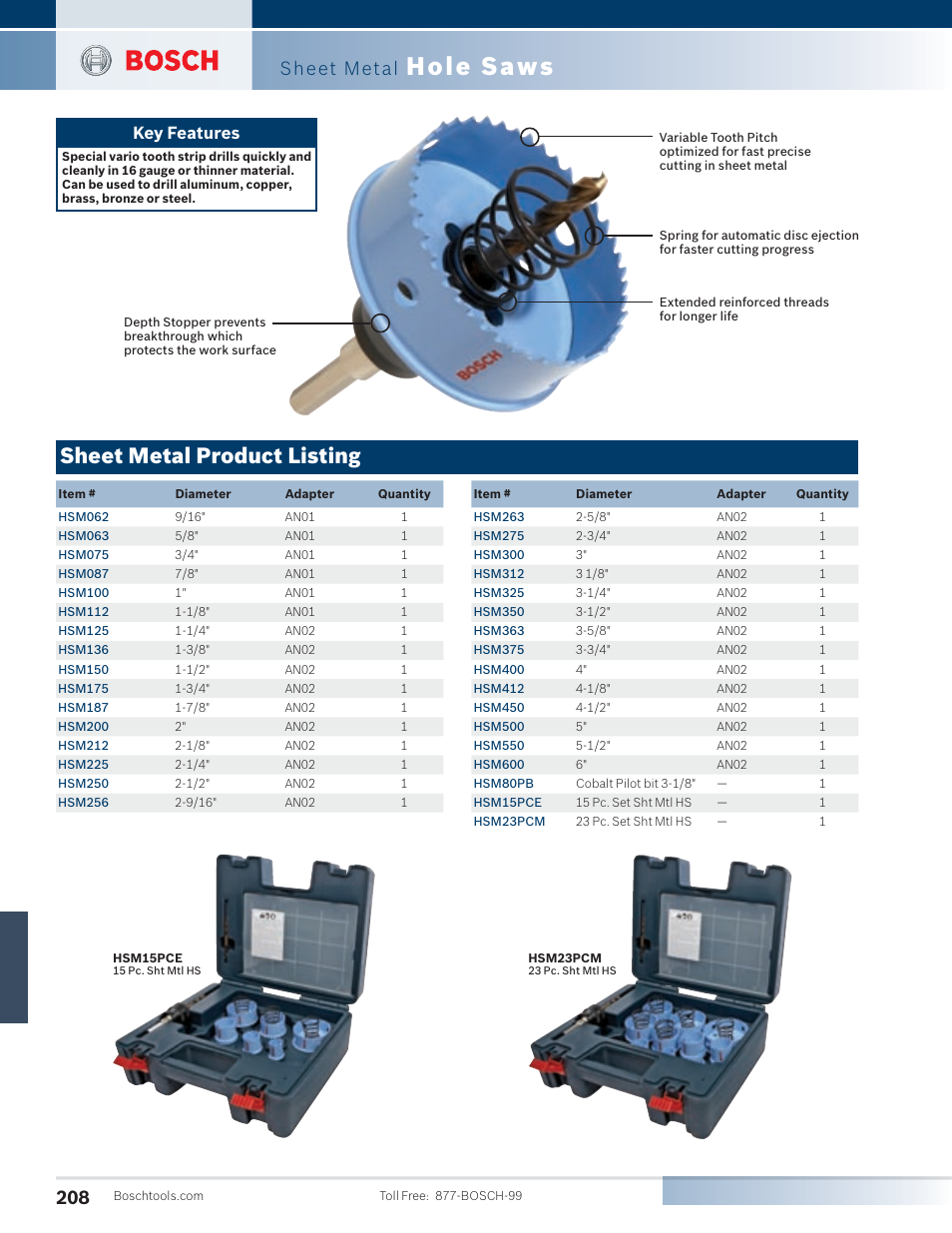 Hole saws, Sheet metal product listing, Sheet metal | Key features | Bosch SG45M User Manual | Page 24 / 32