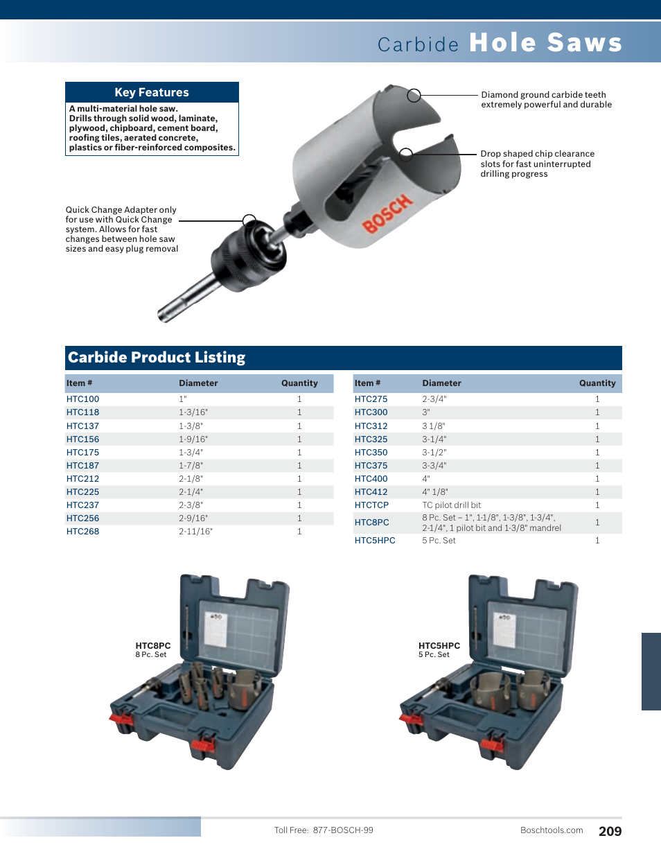 Hole saws, Carbide, Carbide product listing | Key features | Bosch SG45M User Manual | Page 25 / 32