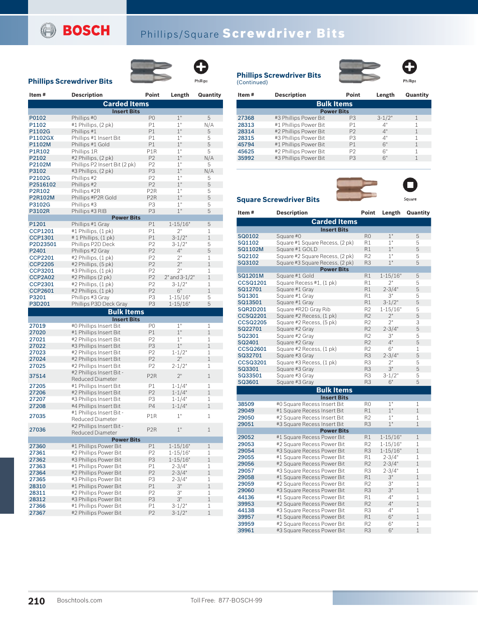 Screwdriver bits, Phillips/square, Phillips screwdriver bits | Carded items, Bulk items, Square screwdriver bits | Bosch SG45M User Manual | Page 26 / 32