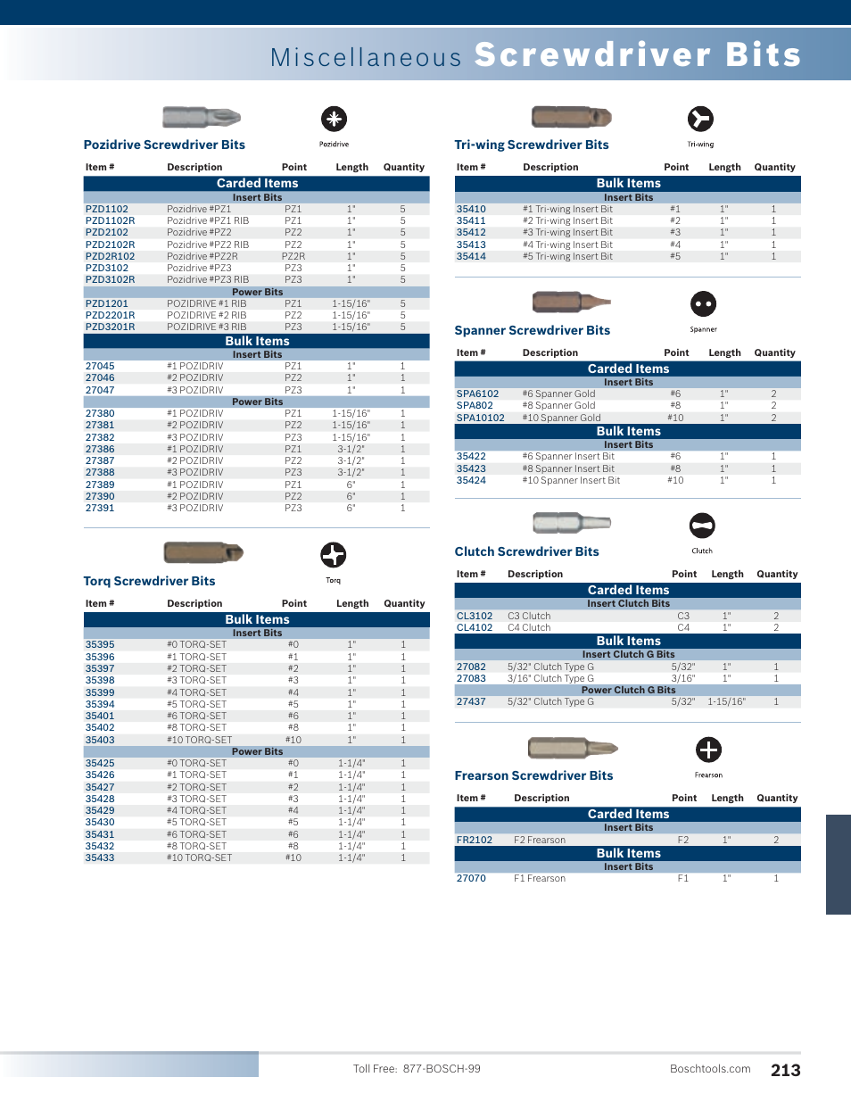 Screwdriver bits, Miscellaneous, Pozidrive screwdriver bits | Carded items, Bulk items, Torq screwdriver bits, Tri-wing screwdriver bits, Spanner screwdriver bits, Clutch screwdriver bits, Frearson screwdriver bits | Bosch SG45M User Manual | Page 29 / 32