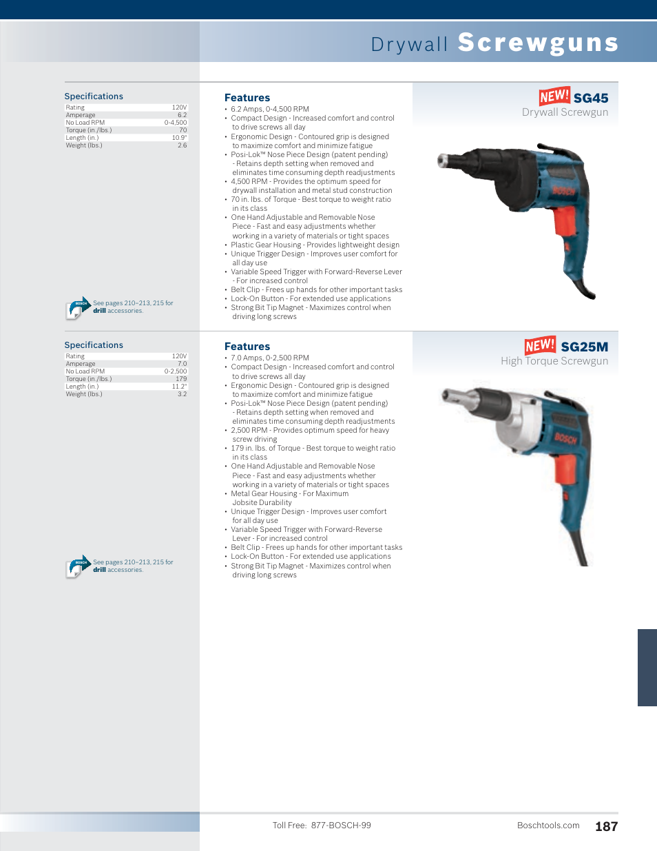 Screwguns, Dr ywall, Sg45 | Sg25m, Features, Drywall screwgun, High torque screwgun | Bosch SG45M User Manual | Page 3 / 32