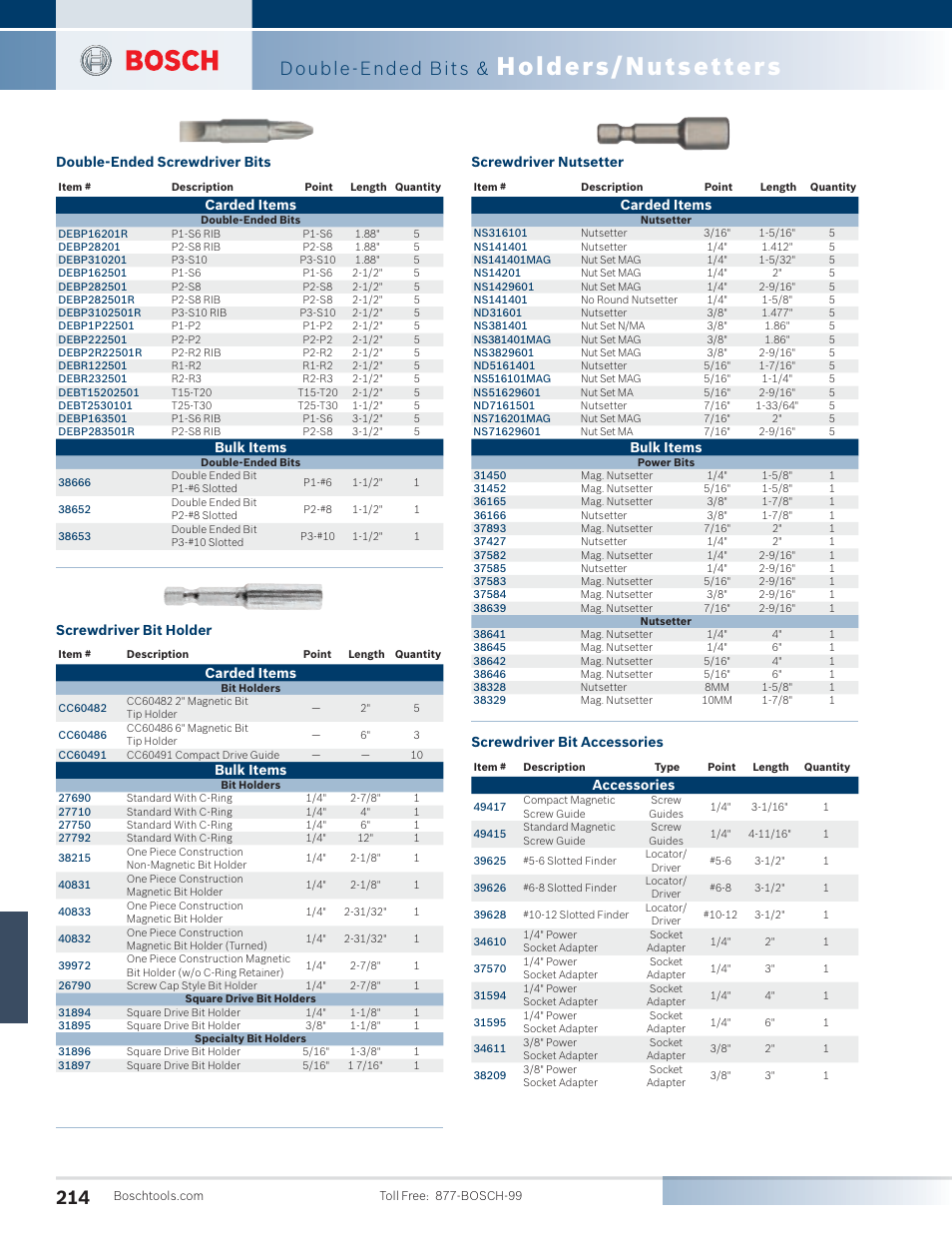 Holders/nutsetters, Double-ended bits, Screwdriver bit holder | Carded items, Bulk items, Screwdriver nutsetter, Screwdriver bit accessories, Accessories, Double-ended screwdriver bits | Bosch SG45M User Manual | Page 30 / 32