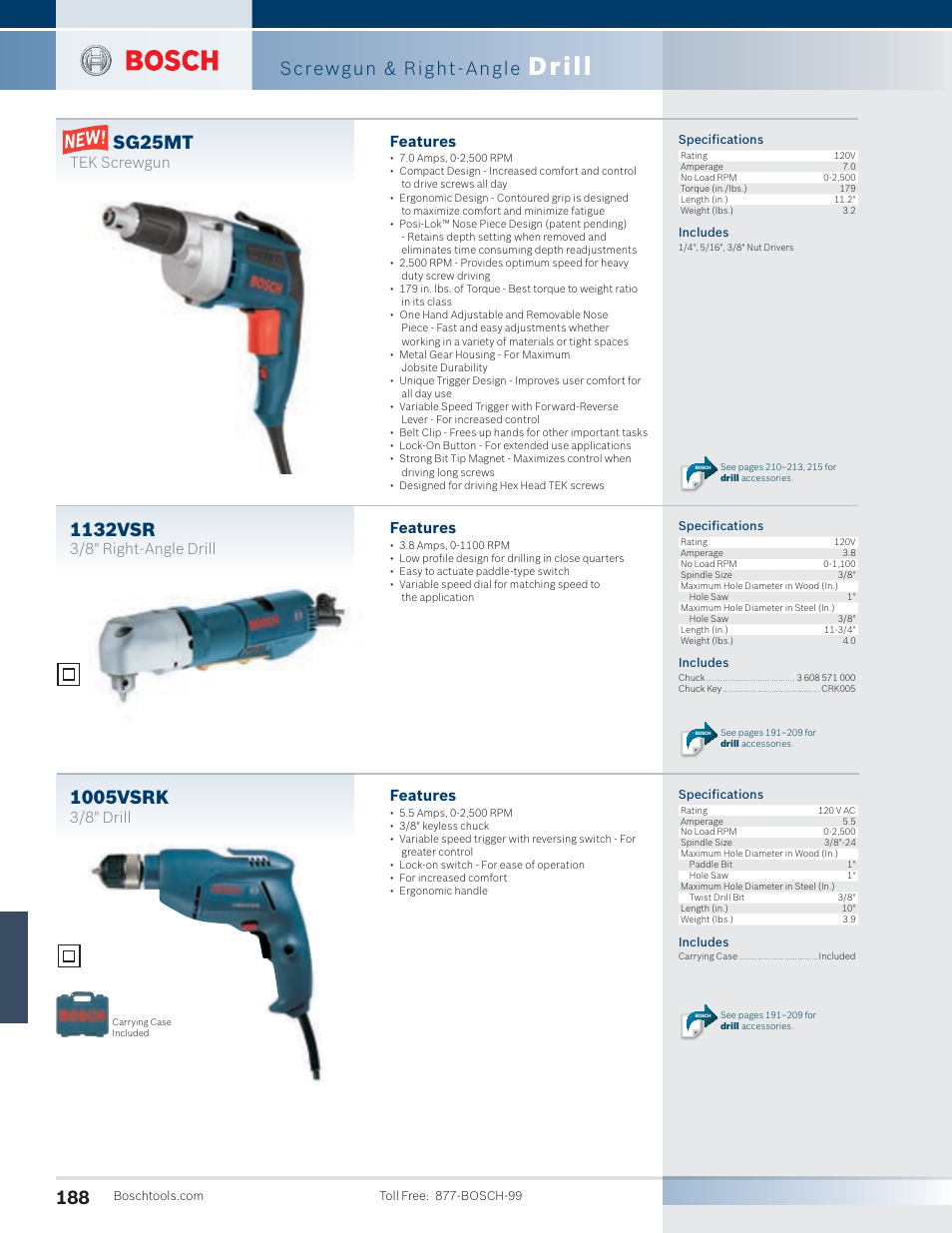 Drill, Screwgun & right-angle, Sg25mt | 1132vsr, 1005vsrk, Features, Tek screwgun, 3/8" right-angle drill, 3/8" drill | Bosch SG45M User Manual | Page 4 / 32