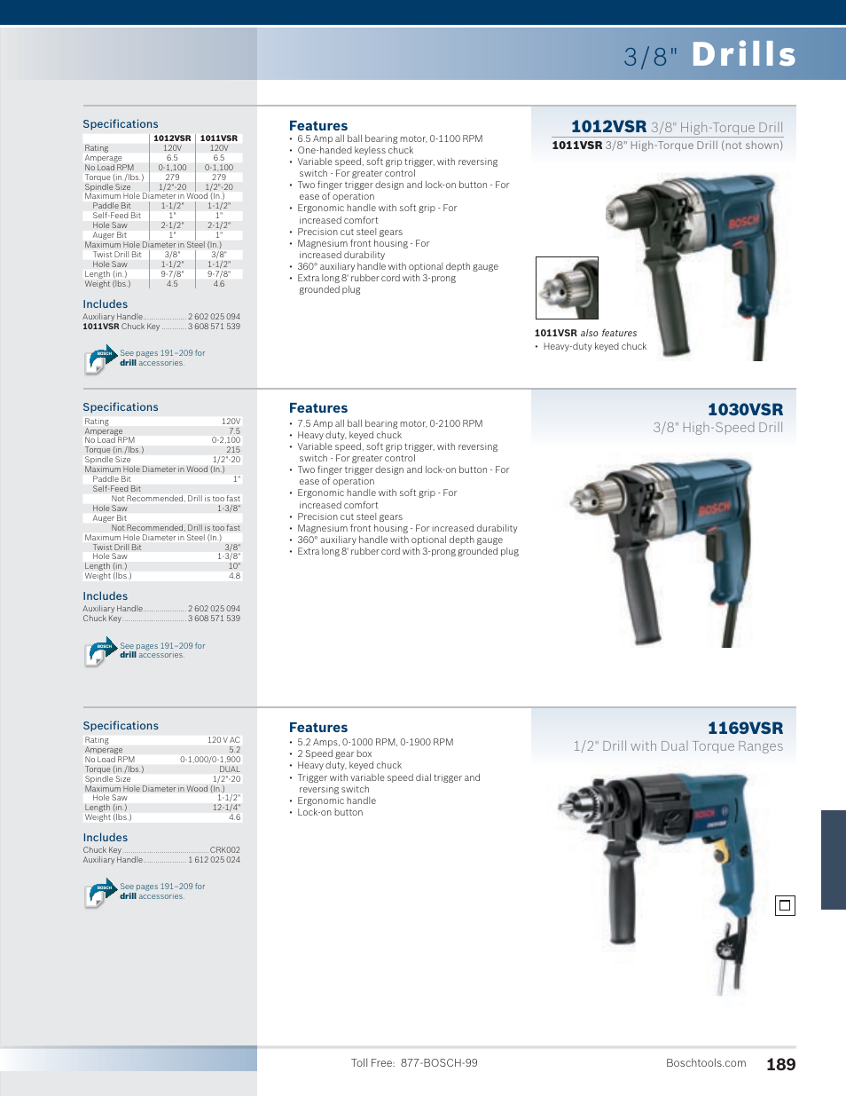Drills, 1012vsr, 1030vsr | 1169vsr, Features, 3/8" high-torque drill, 3/8" high-speed drill, 1/2" drill with dual torque ranges | Bosch SG45M User Manual | Page 5 / 32
